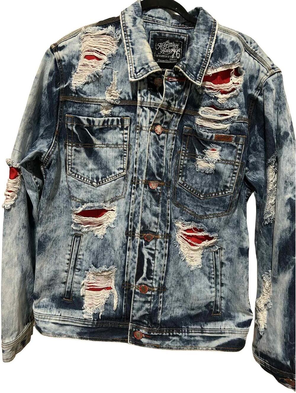 Rare Heritage America 1776 Denim Distressed Jacket Buffalo Head Button Men Sz XL